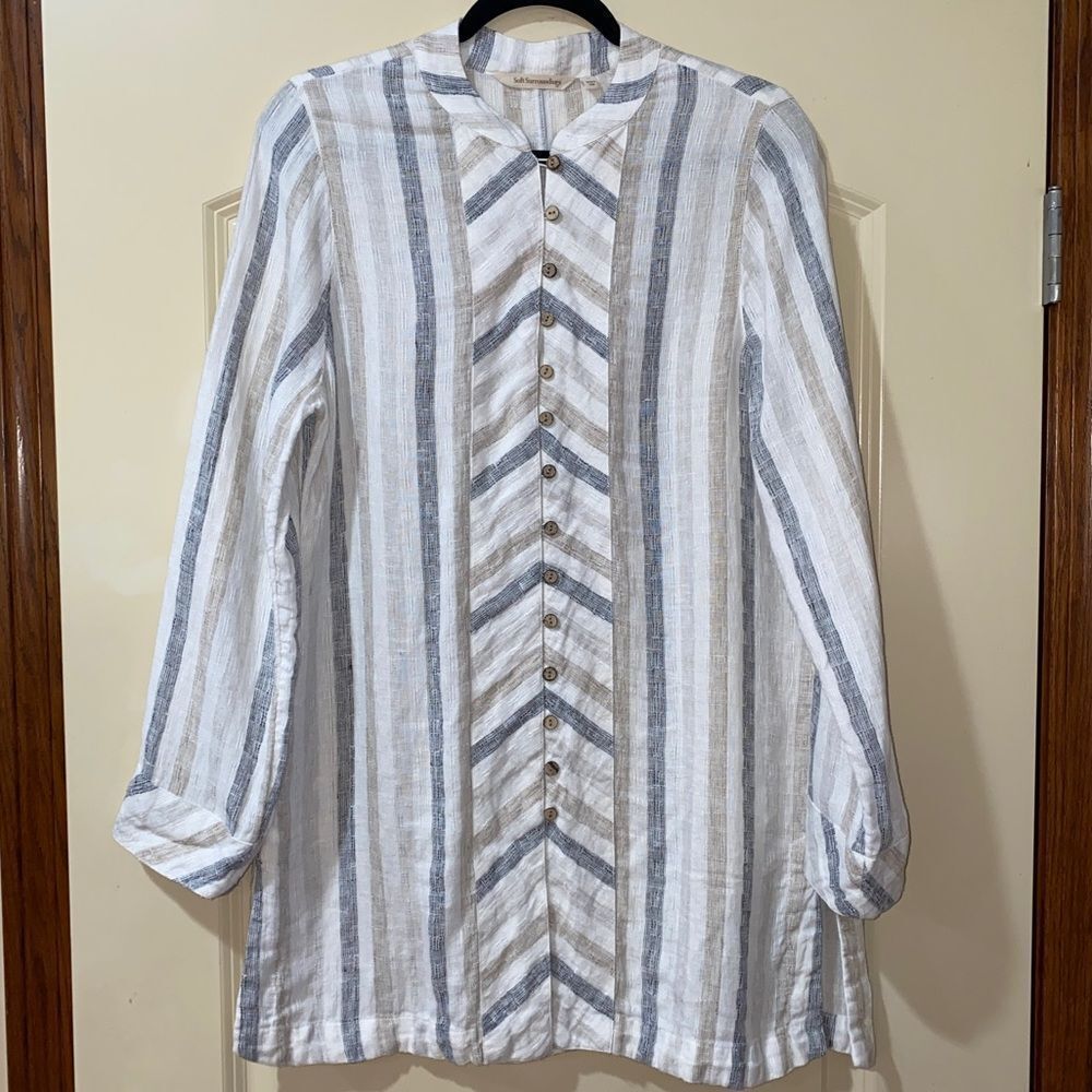 SOFT SURROUNDINGS 100% Linen Button Front Blouse Cream Blue Women’s Size Medium